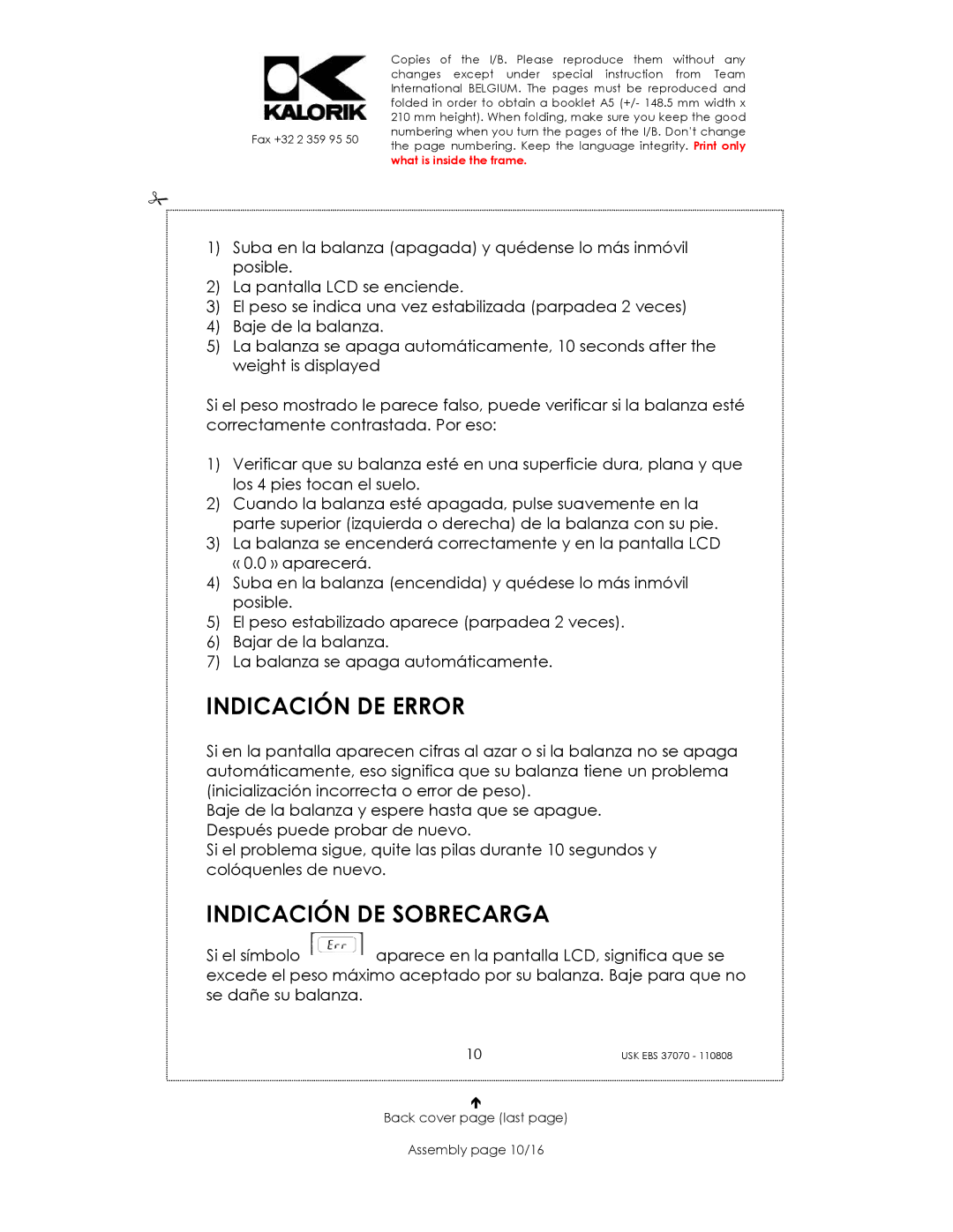 Kalorik USK EBS 37070 manual Indicación DE Error, Indicación DE Sobrecarga, Back cover page last Assembly page 10/16 