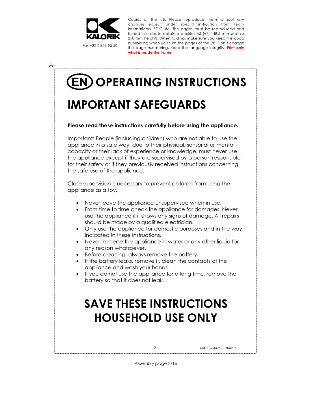 Kalorik USK EBS 37070 manual Important Safeguards, Assembly page 2/16 