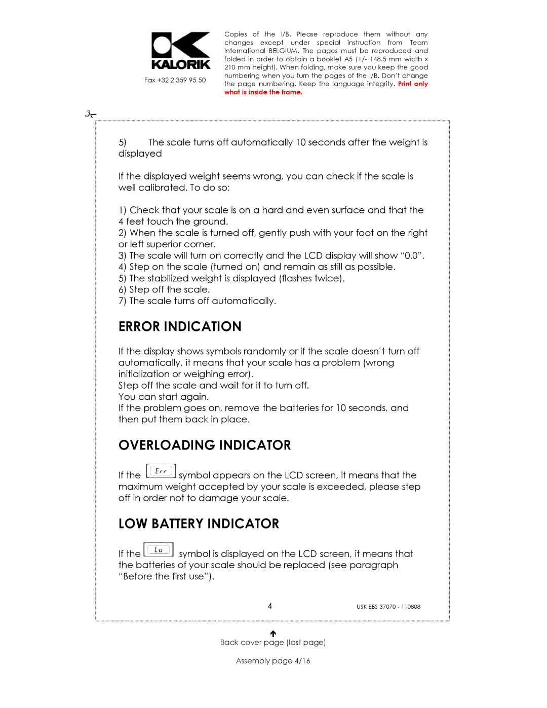 Kalorik USK EBS 37070 manual Error Indication, Overloading Indicator, LOW Battery Indicator 