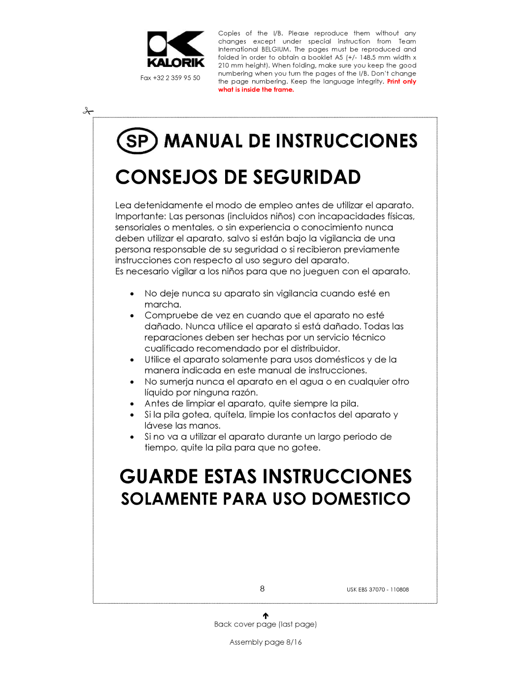 Kalorik USK EBS 37070 manual Consejos DE Seguridad, Back cover page last Assembly page 8/16 