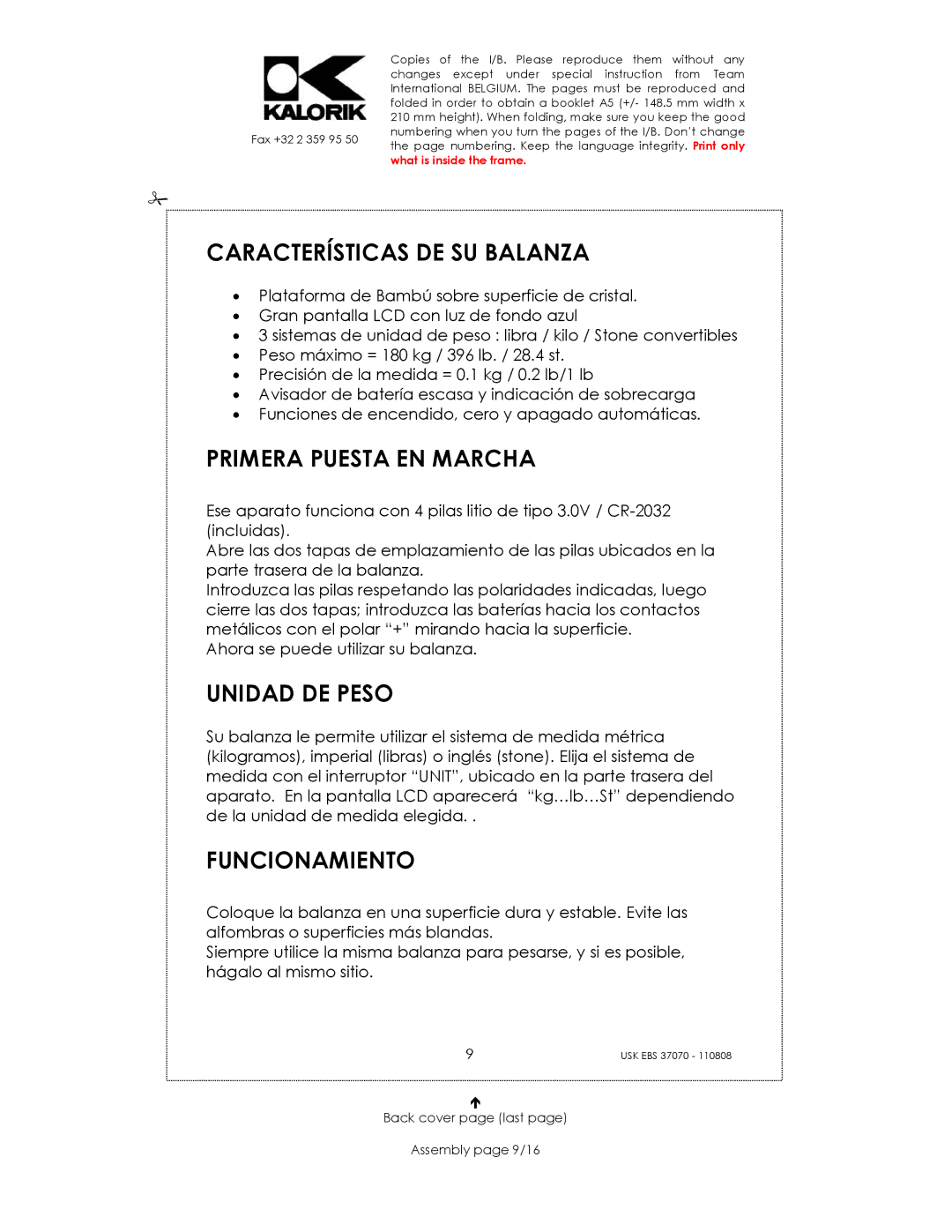 Kalorik USK EBS 37070 manual Características DE SU Balanza, Primera Puesta EN Marcha, Unidad DE Peso, Funcionamiento 