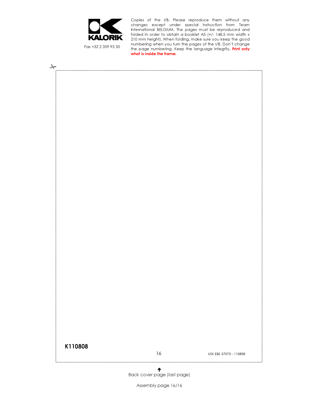 Kalorik USK EBS 37073 manual Back cover page last Assembly page 16/16 