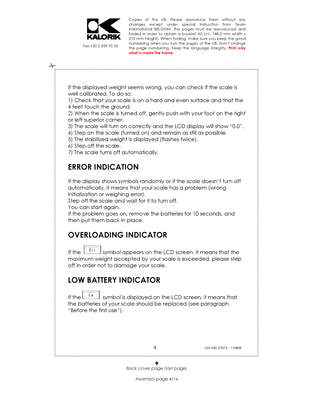 Kalorik USK EBS 37073 manual Error Indication, Overloading Indicator, LOW Battery Indicator 