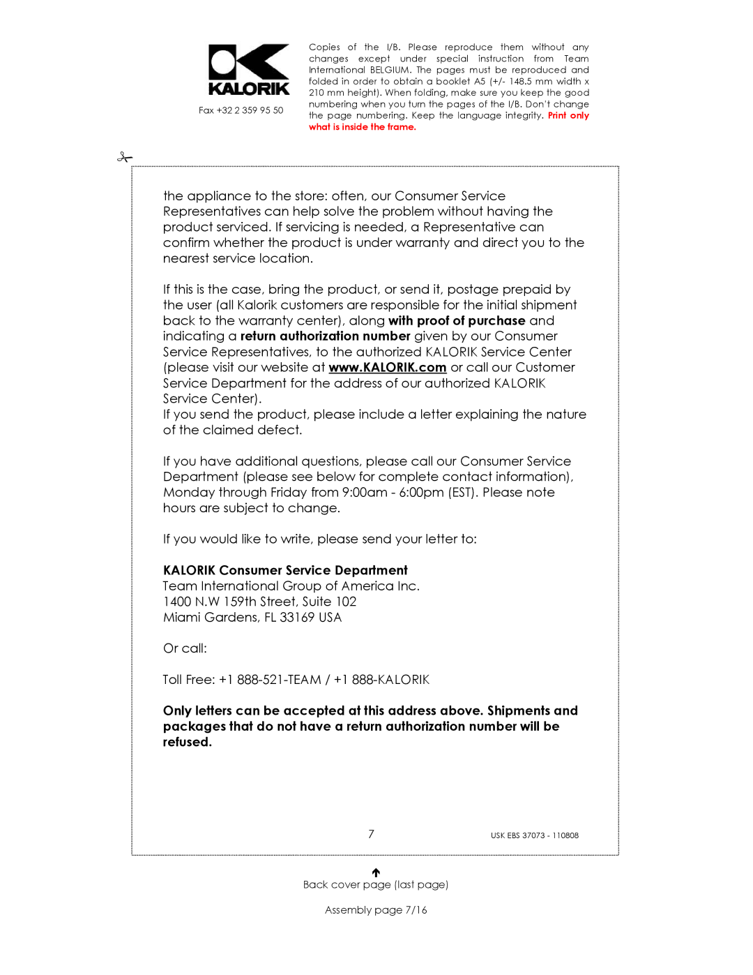 Kalorik USK EBS 37073 manual Kalorik Consumer Service Department, Back cover page last Assembly page 7/16 