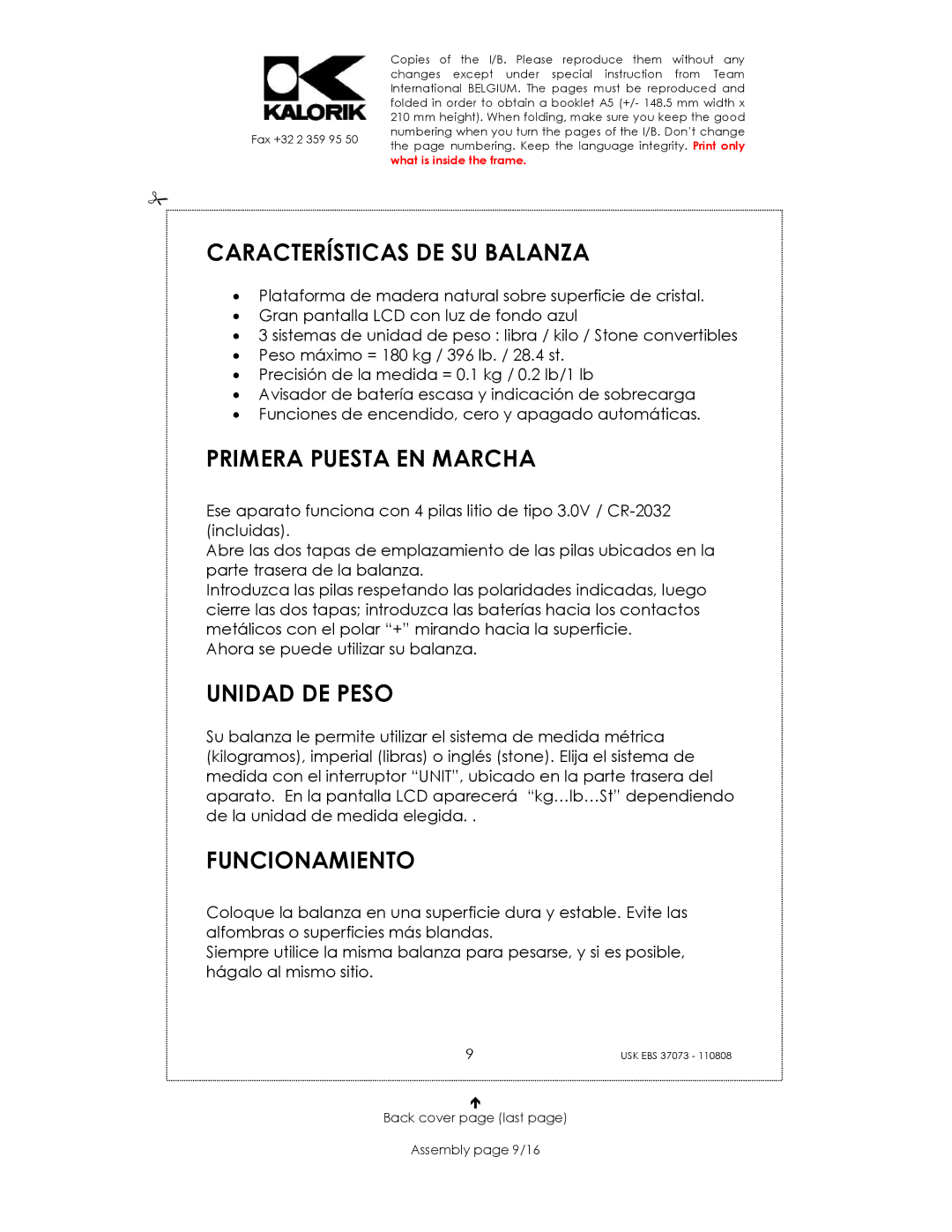 Kalorik USK EBS 37073 manual Características DE SU Balanza, Primera Puesta EN Marcha, Unidad DE Peso, Funcionamiento 