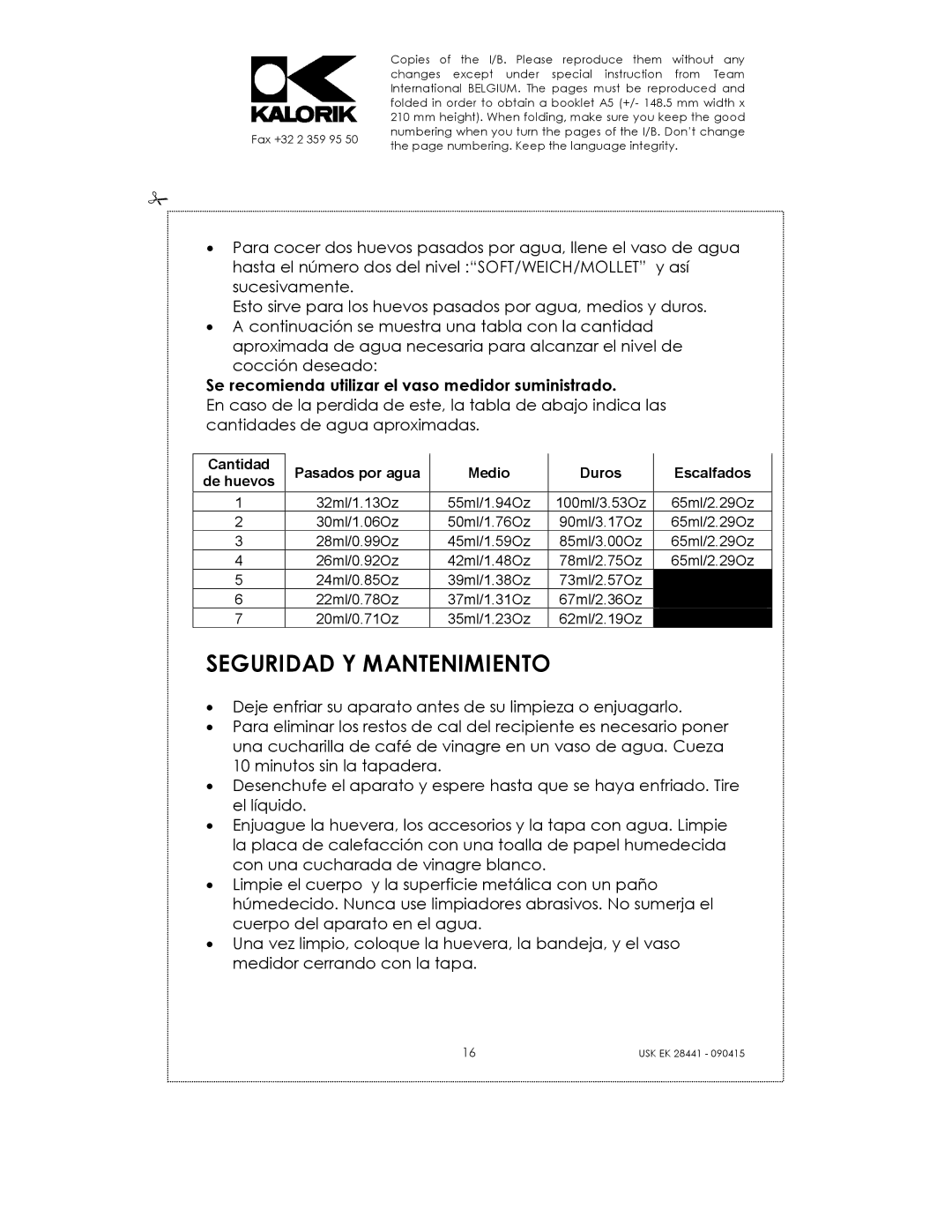 Kalorik USK EK 28441 manual Seguridad Y Mantenimiento 