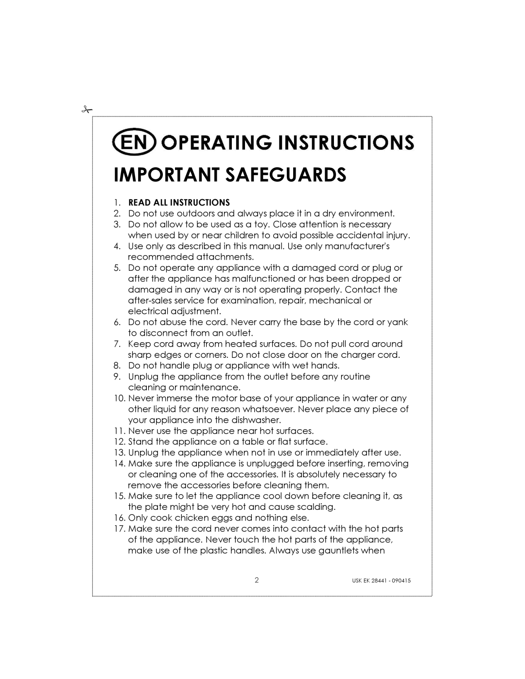 Kalorik USK EK 28441 manual Important Safeguards, Read ALL Instructions 