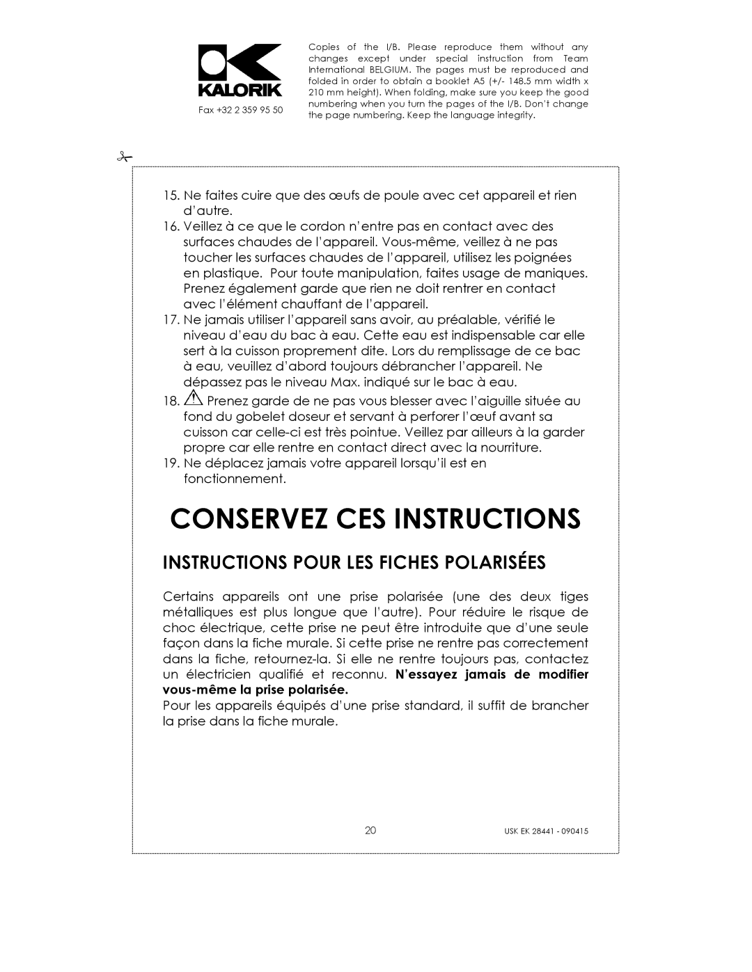 Kalorik USK EK 28441 manual Conservez CES Instructions, Instructions Pour LES Fiches Polarisées 