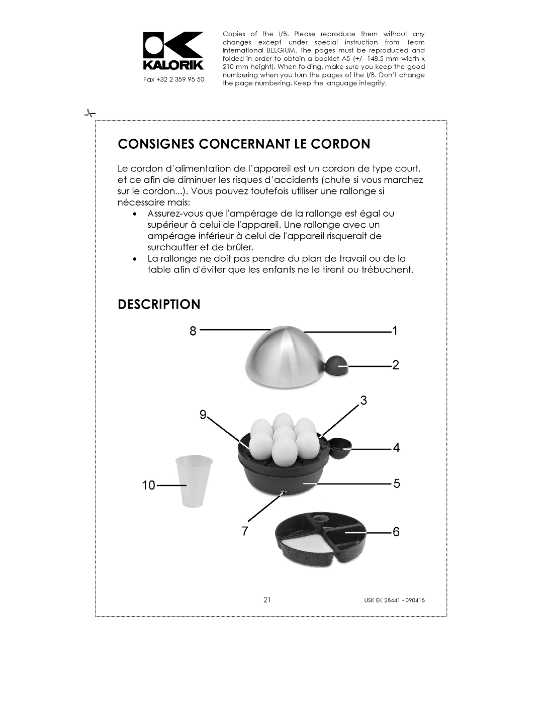 Kalorik USK EK 28441 manual Consignes Concernant LE Cordon, Description 