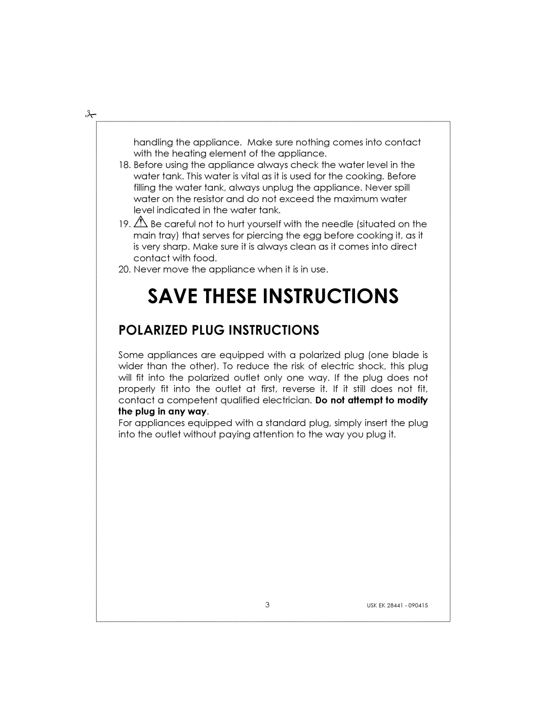 Kalorik USK EK 28441 manual Polarized Plug Instructions 