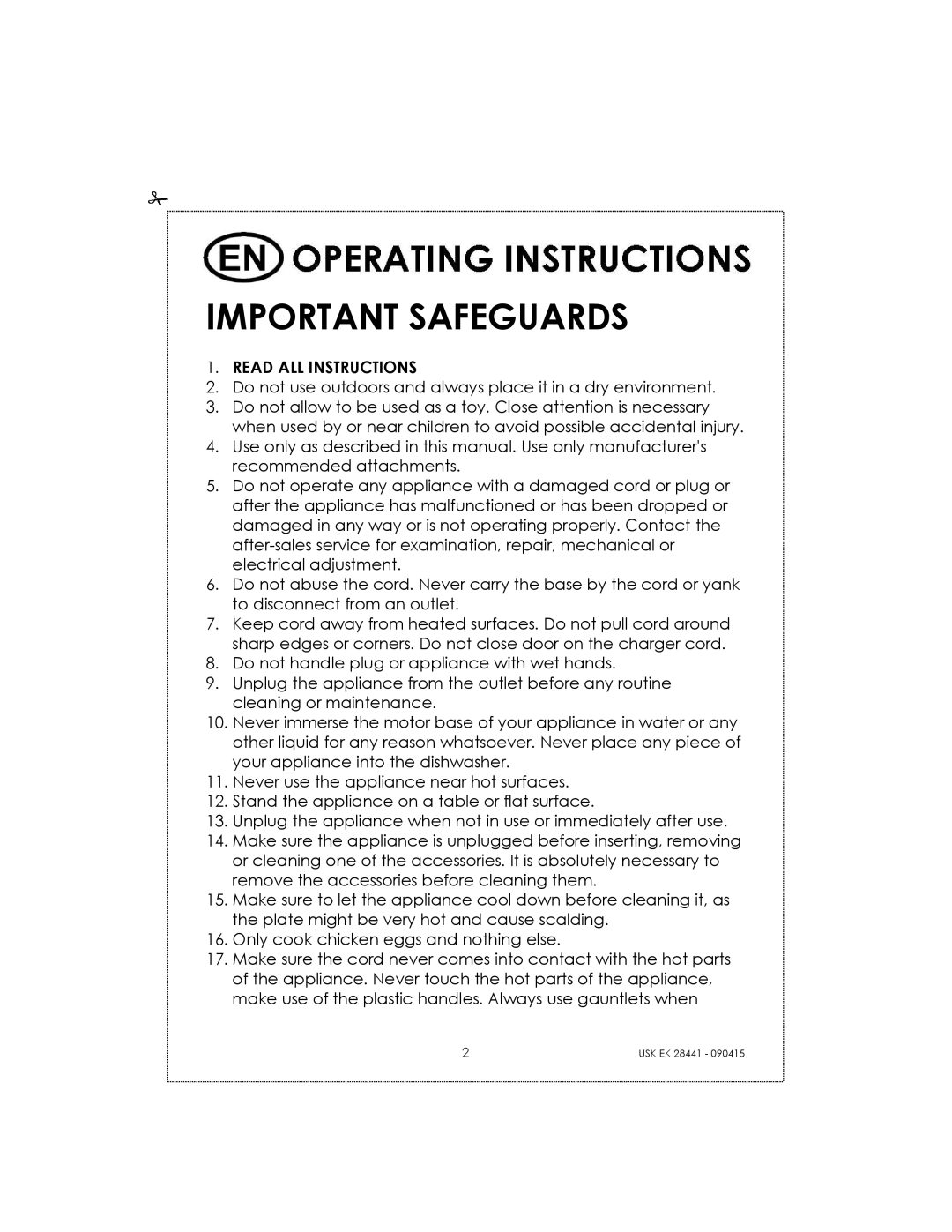 Kalorik USK EK 28441 manual Important Safeguards 