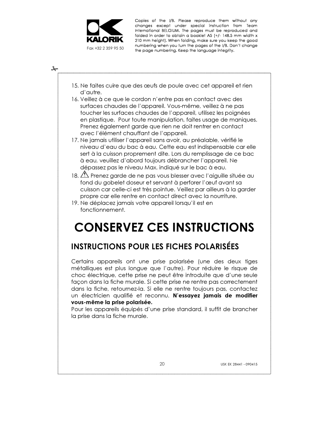 Kalorik USK EK 28441 manual Conservez Ces Instructions, Instructions Pour Les Fiches Polarisées 