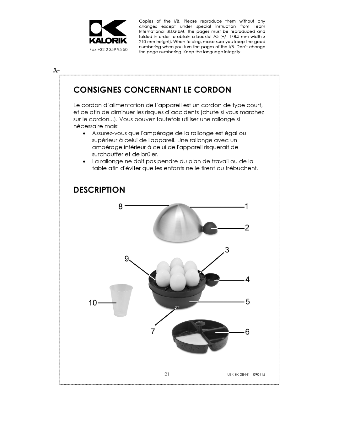 Kalorik USK EK 28441 manual Consignes Concernant Le Cordon, Description 