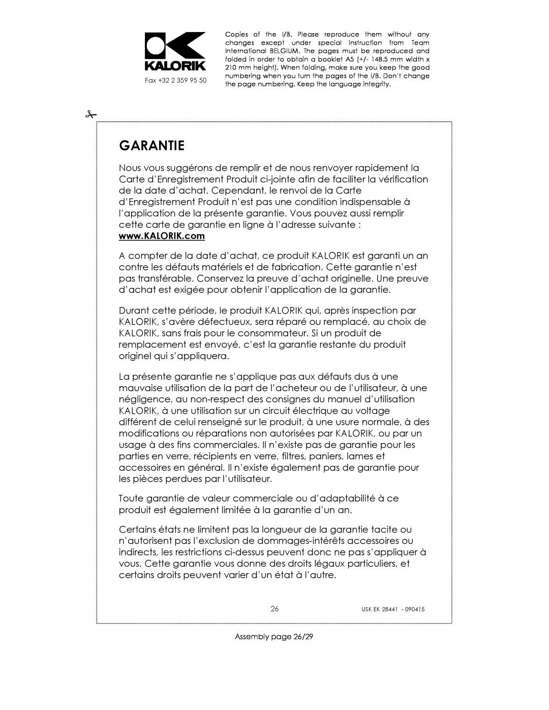 Kalorik USK EK 28441 manual Garantie, Assembly page 26/29 
