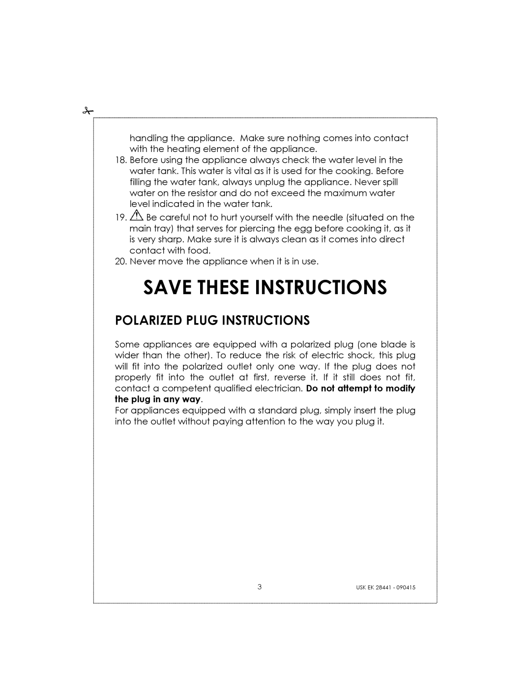Kalorik USK EK 28441 manual Save These Instructions, Polarized Plug Instructions 