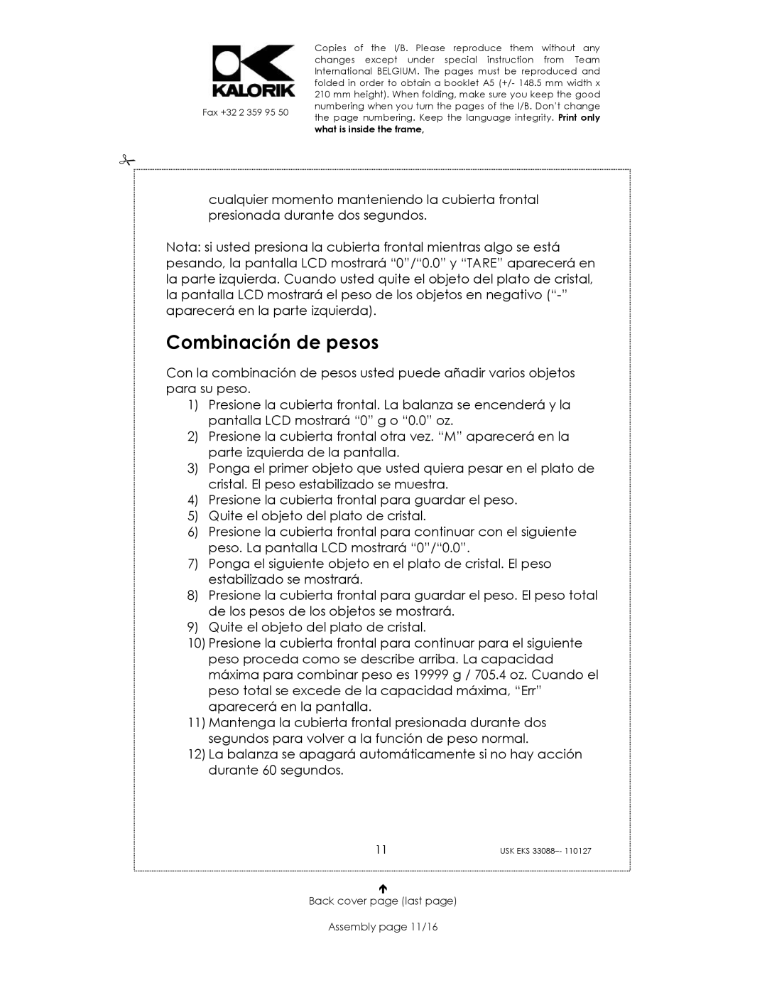 Kalorik USK EKS 33088 manual Combinación de pesos, Back cover page last Assembly page 11/16 