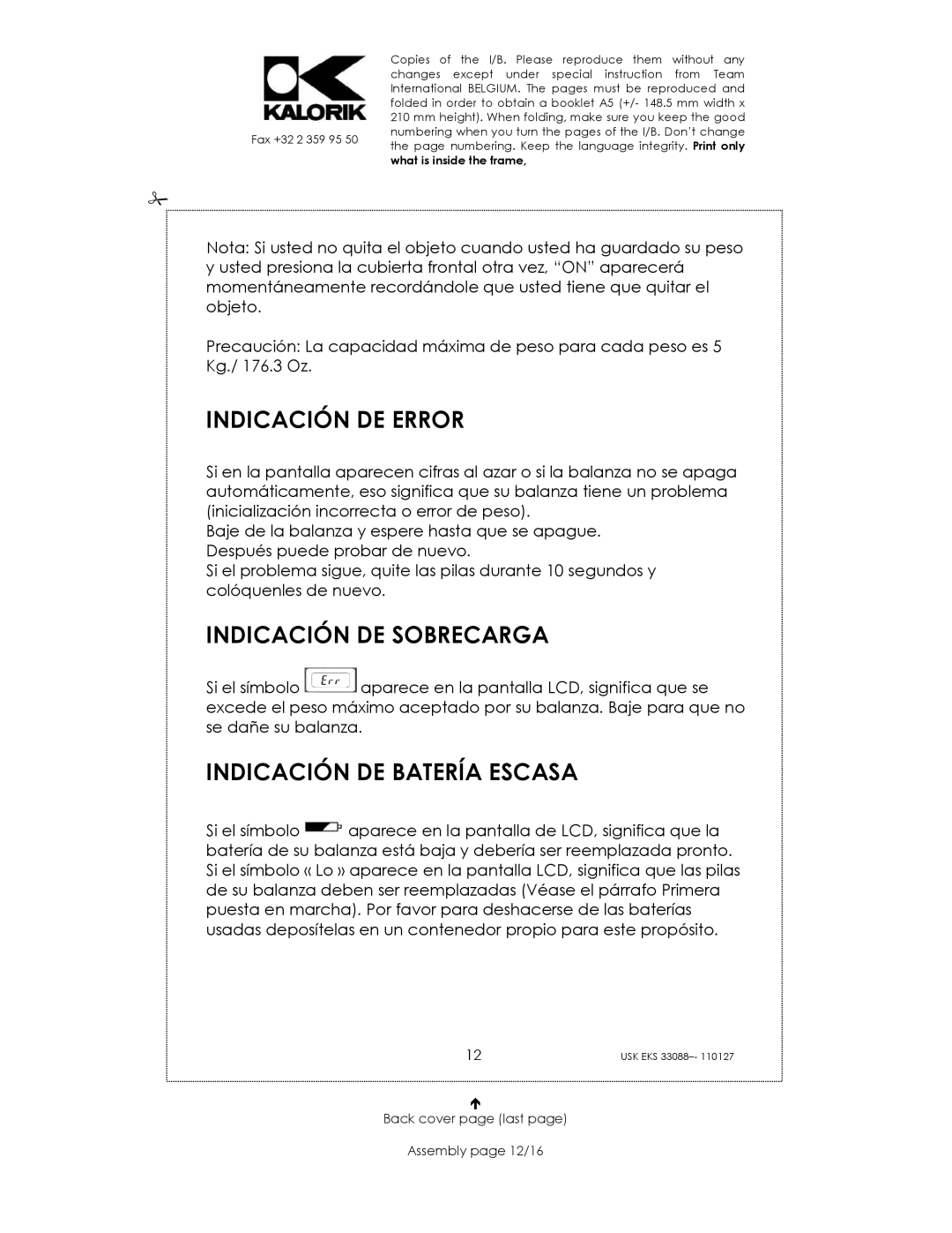 Kalorik USK EKS 33088 manual Indicación DE Error, Indicación DE Sobrecarga, Indicación DE Batería Escasa 