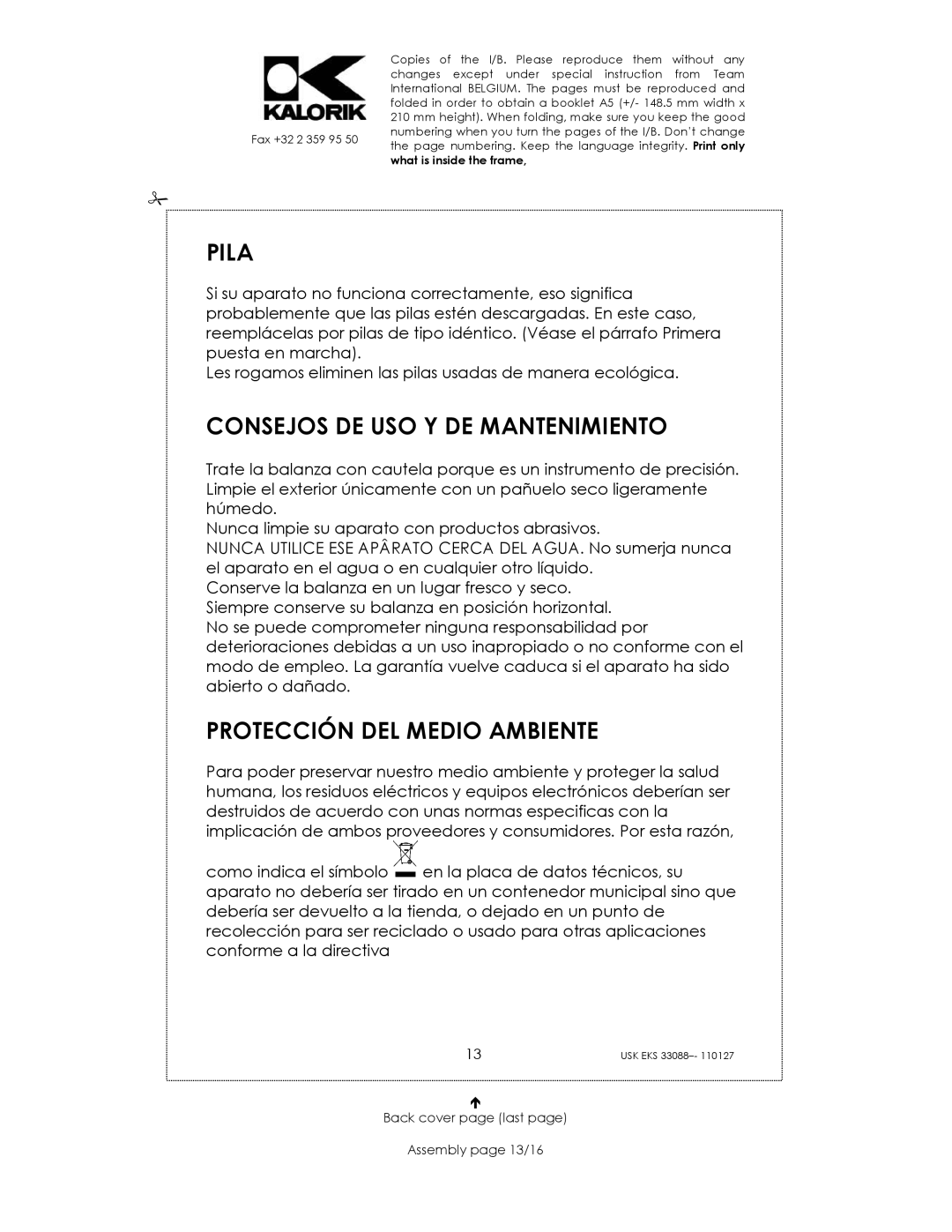 Kalorik USK EKS 33088 manual Pila, Consejos DE USO Y DE Mantenimiento, Protección DEL Medio Ambiente 