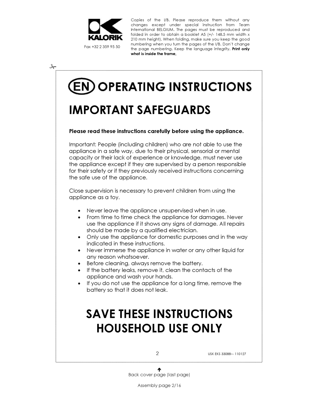 Kalorik USK EKS 33088 manual Important Safeguards, Back cover page last Assembly page 2/16 