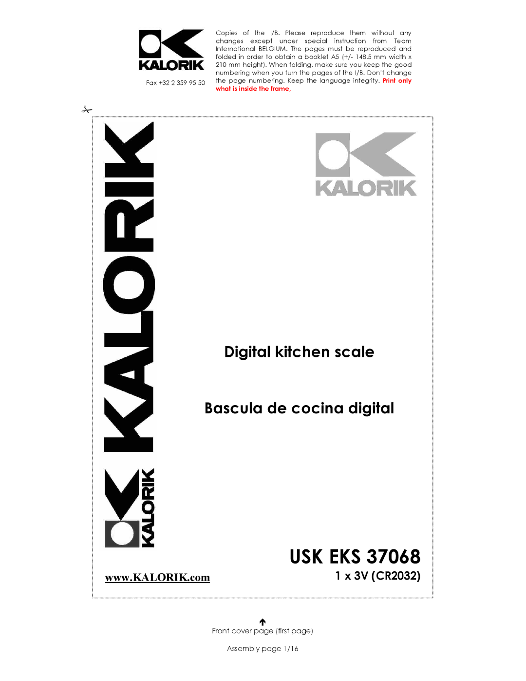 Kalorik USK EKS 37068 manual Usk Eks, Front cover page first Assembly page 1/16 