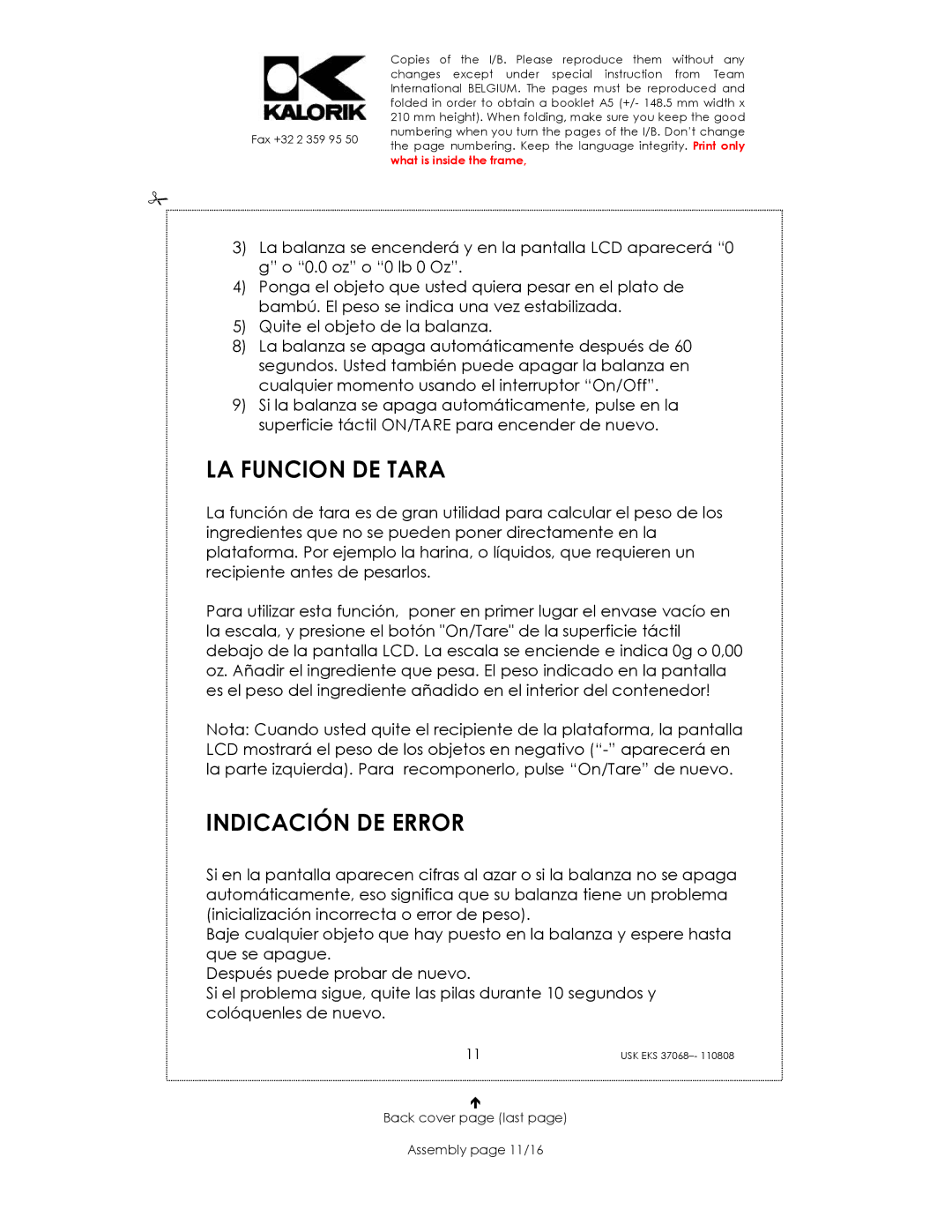 Kalorik USK EKS 37068 manual LA Funcion DE Tara, Indicación DE Error, Back cover page last Assembly page 11/16 