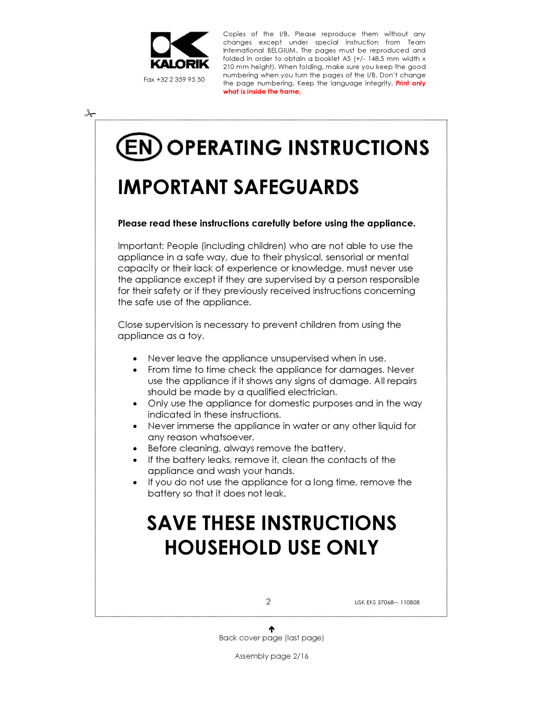 Kalorik USK EKS 37068 manual Important Safeguards, Back cover page last Assembly page 2/16 