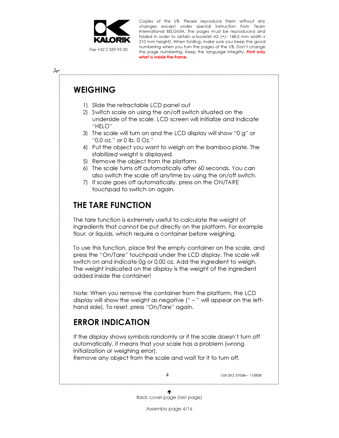 Kalorik USK EKS 37068 manual Weighing, Tare Function, Error Indication, Back cover page last Assembly page 4/16 