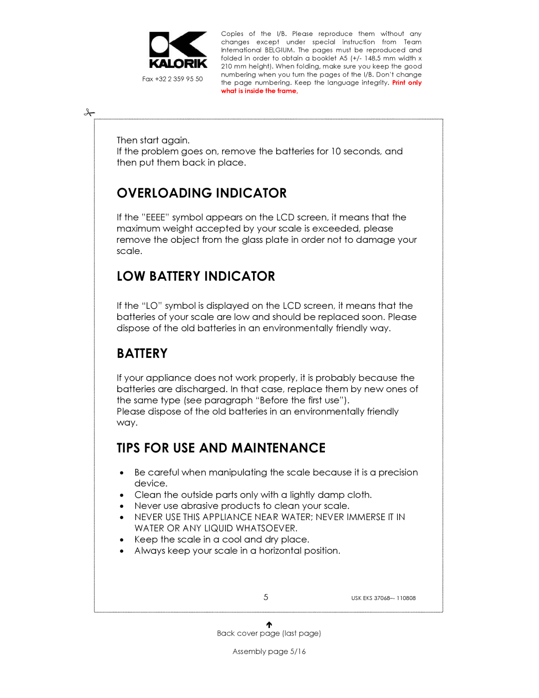 Kalorik USK EKS 37068 manual Overloading Indicator, LOW Battery Indicator, Tips for USE and Maintenance 