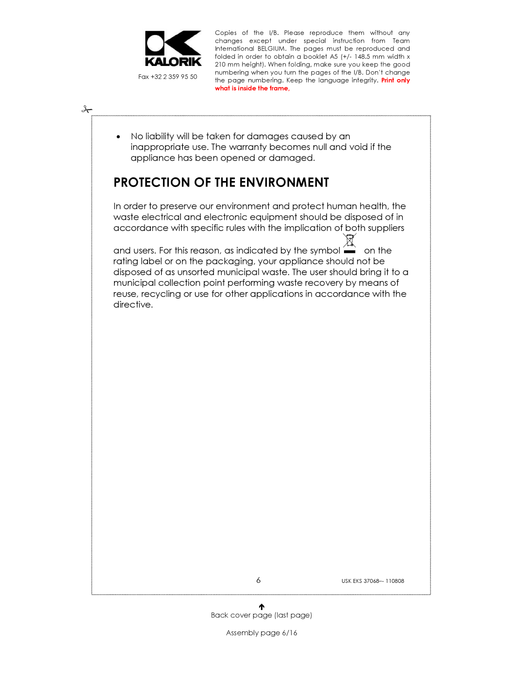 Kalorik USK EKS 37068 manual Protection of the Environment, Back cover page last Assembly page 6/16 