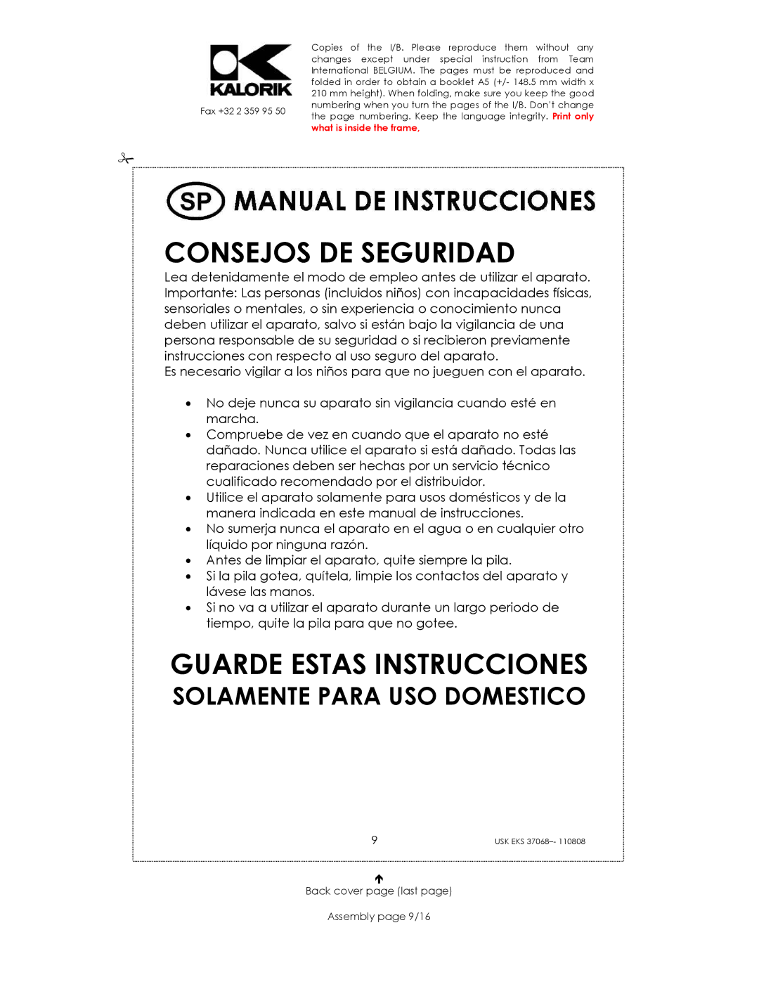 Kalorik USK EKS 37068 manual Consejos DE Seguridad, Back cover page last Assembly page 9/16 