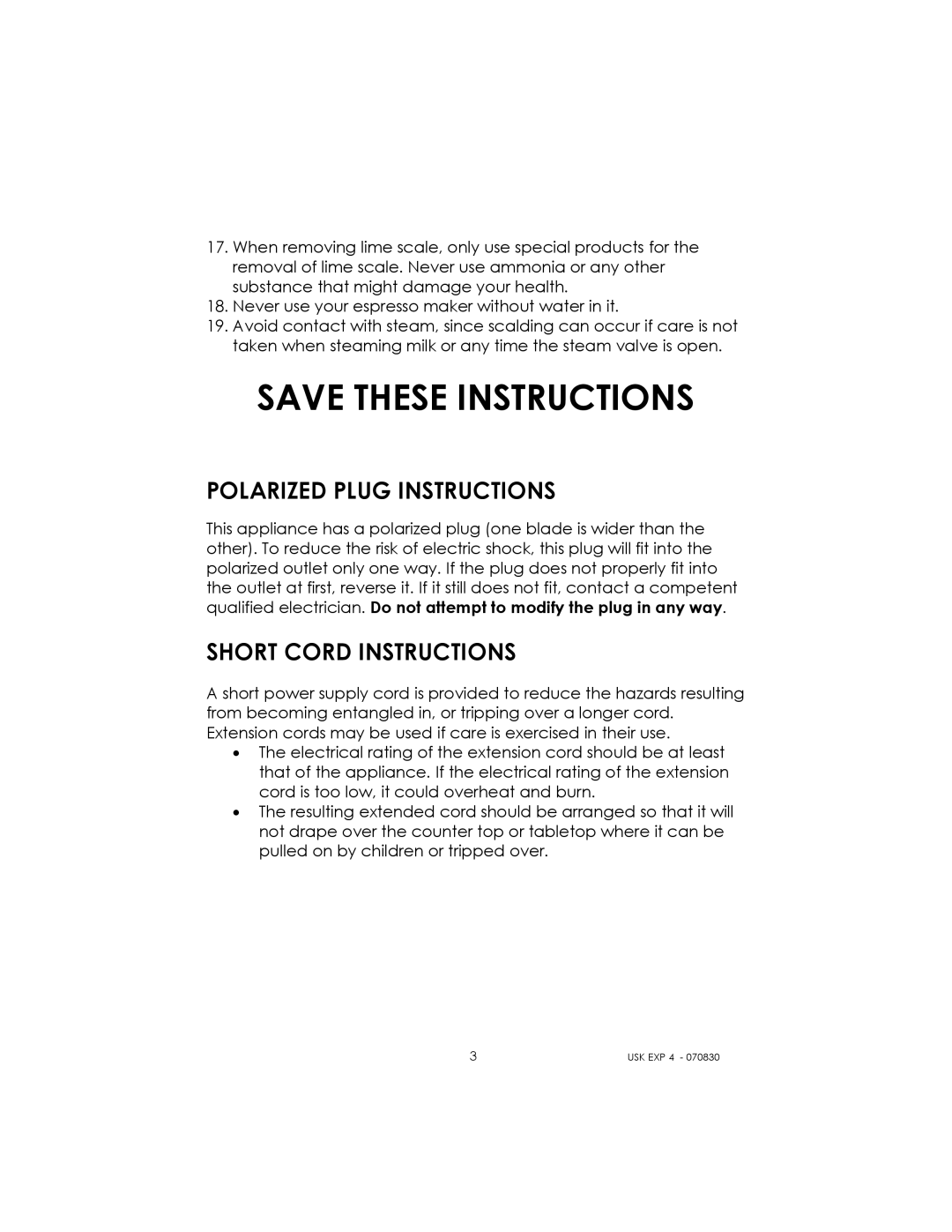 Kalorik USK EXP 4 manual Polarized Plug Instructions, Short Cord Instructions 