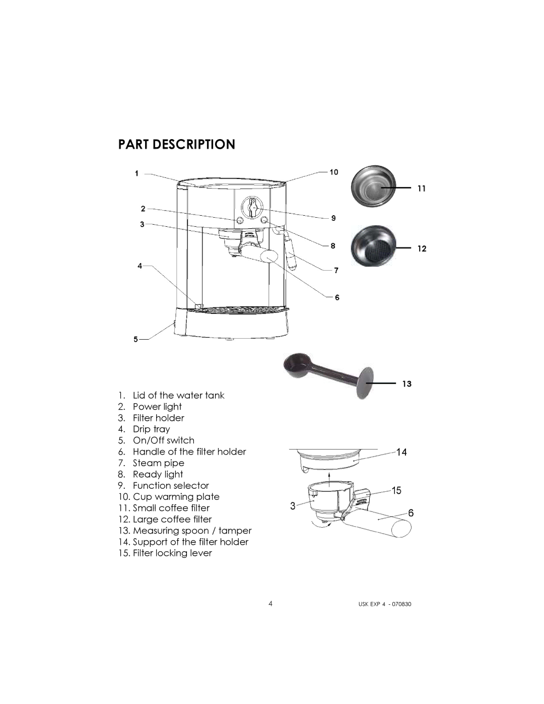 Kalorik USK EXP 4 manual Part Description 