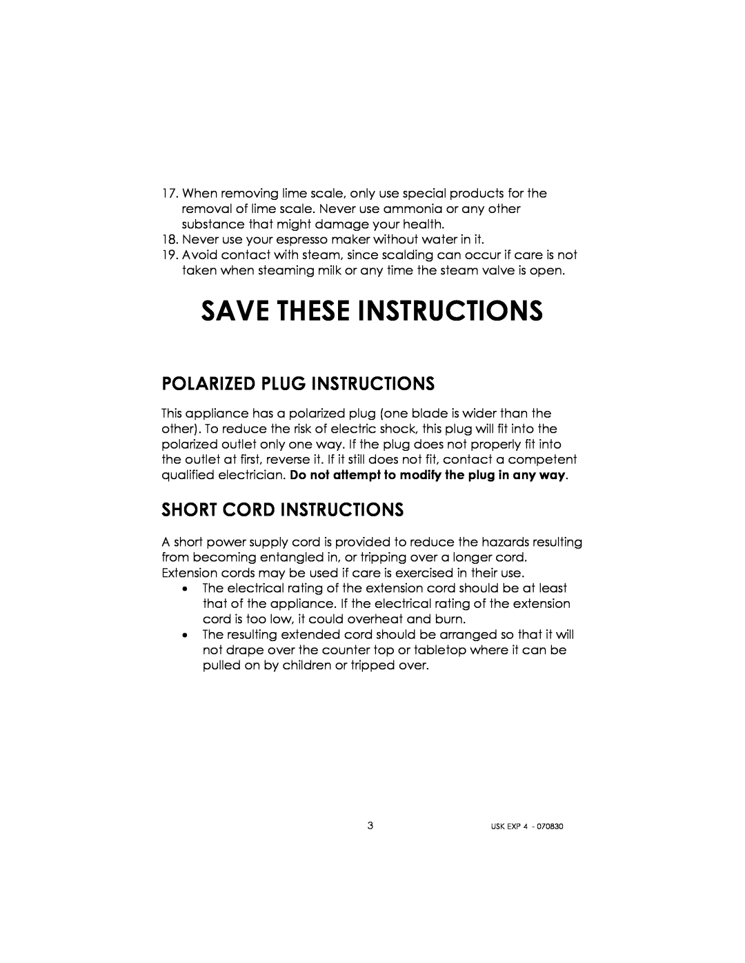 Kalorik USK EXP 4 manual Save These Instructions, Polarized Plug Instructions, Short Cord Instructions 