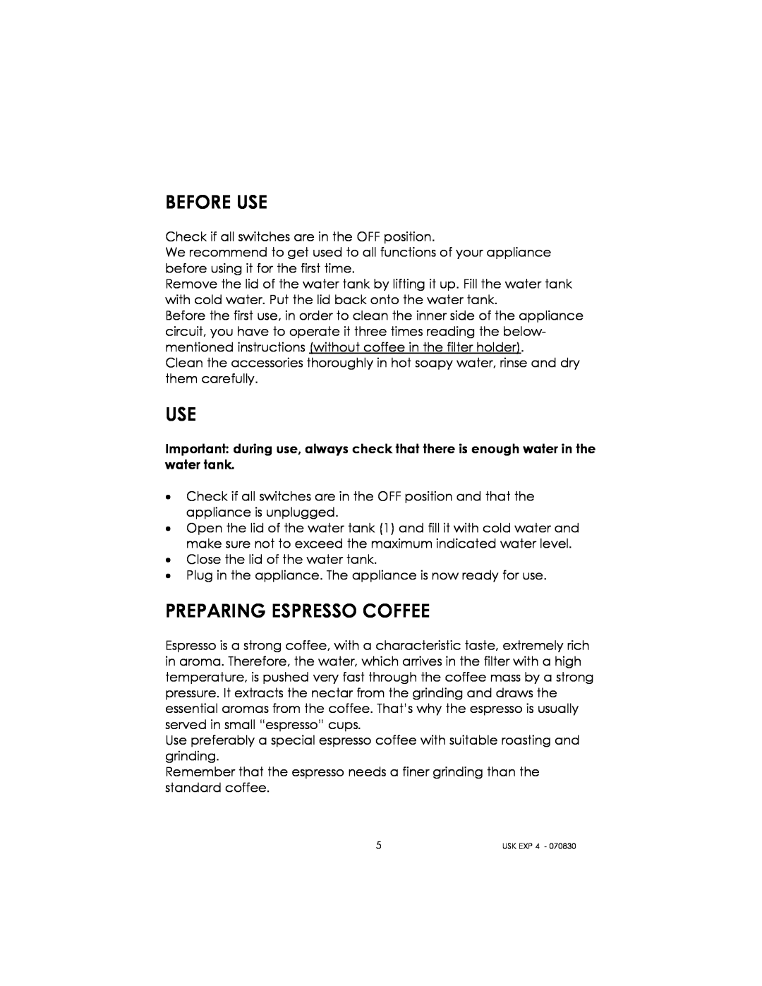 Kalorik USK EXP 4 manual Before Use, Preparing Espresso Coffee 
