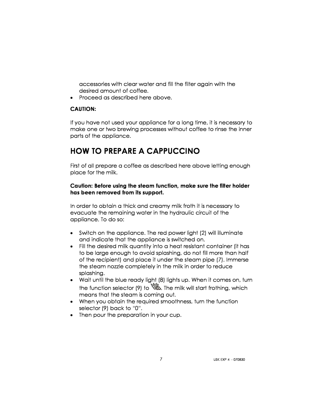 Kalorik USK EXP 4 manual How To Prepare A Cappuccino 