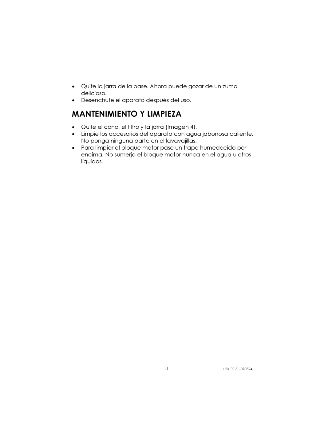 Kalorik USK FP 5 manual Mantenimiento Y Limpieza 