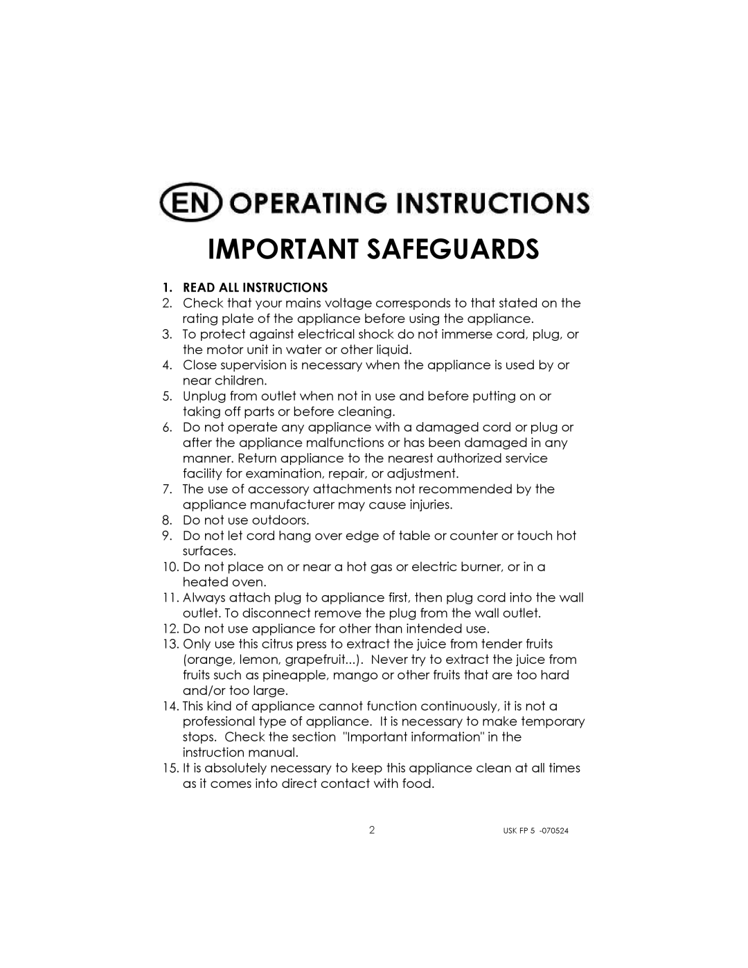 Kalorik USK FP 5 manual Important Safeguards, Read ALL Instructions 