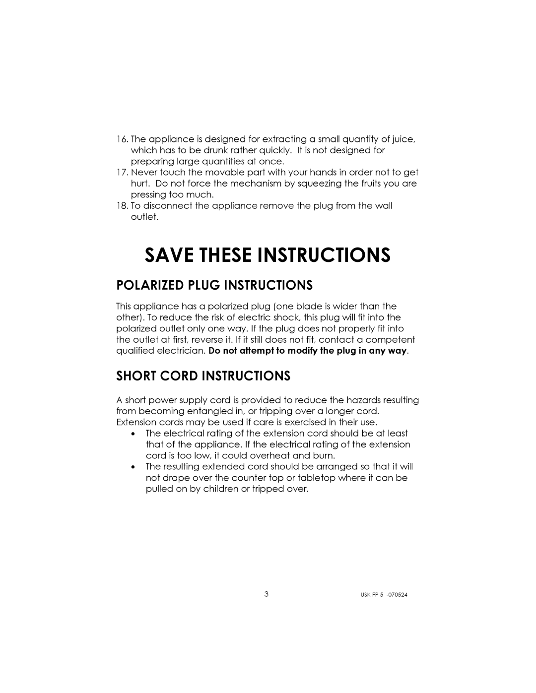 Kalorik USK FP 5 manual Polarized Plug Instructions, Short Cord Instructions 