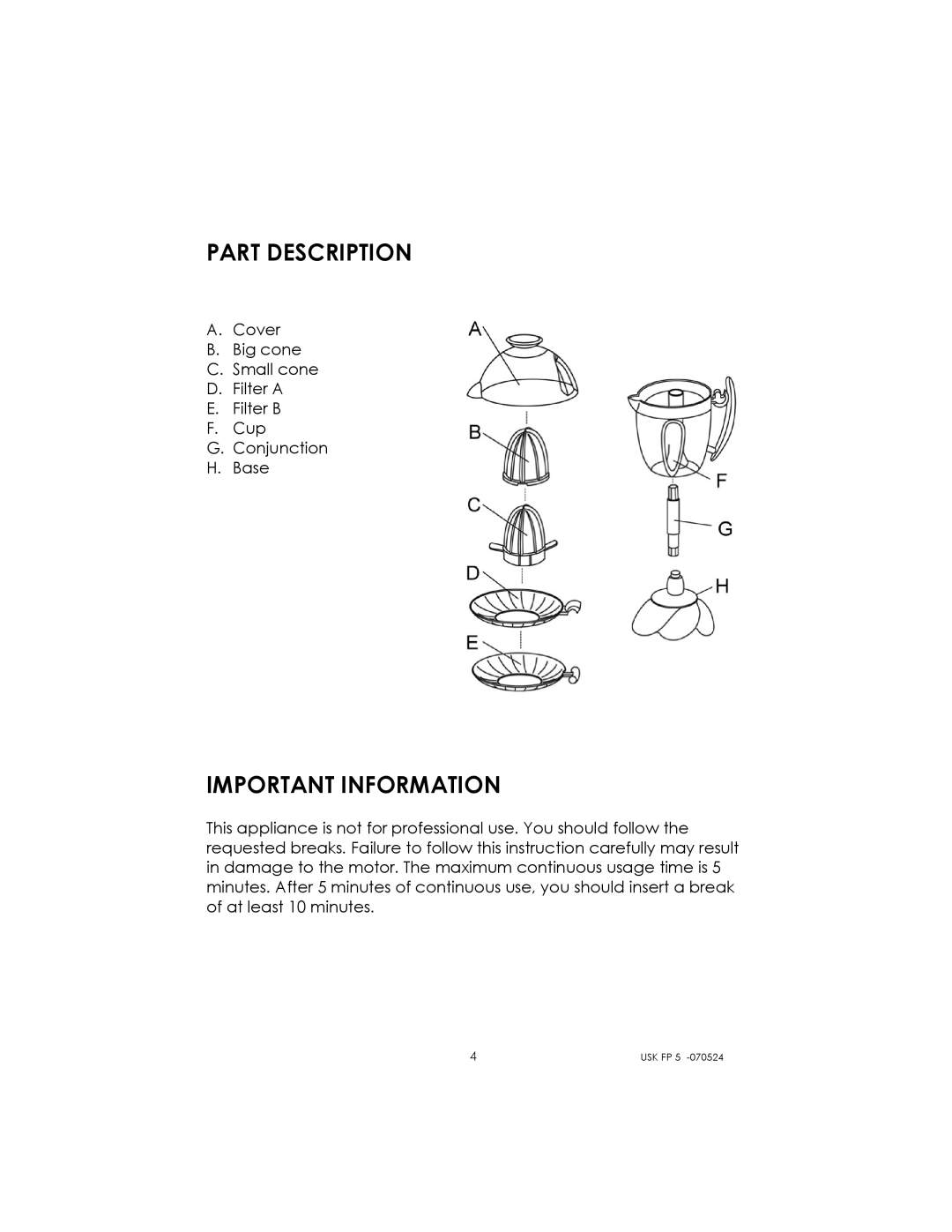 Kalorik USK FP 5 manual Part Description, Important Information 