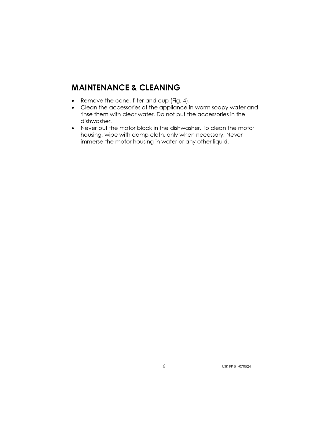 Kalorik USK FP 5 manual Maintenance & Cleaning 