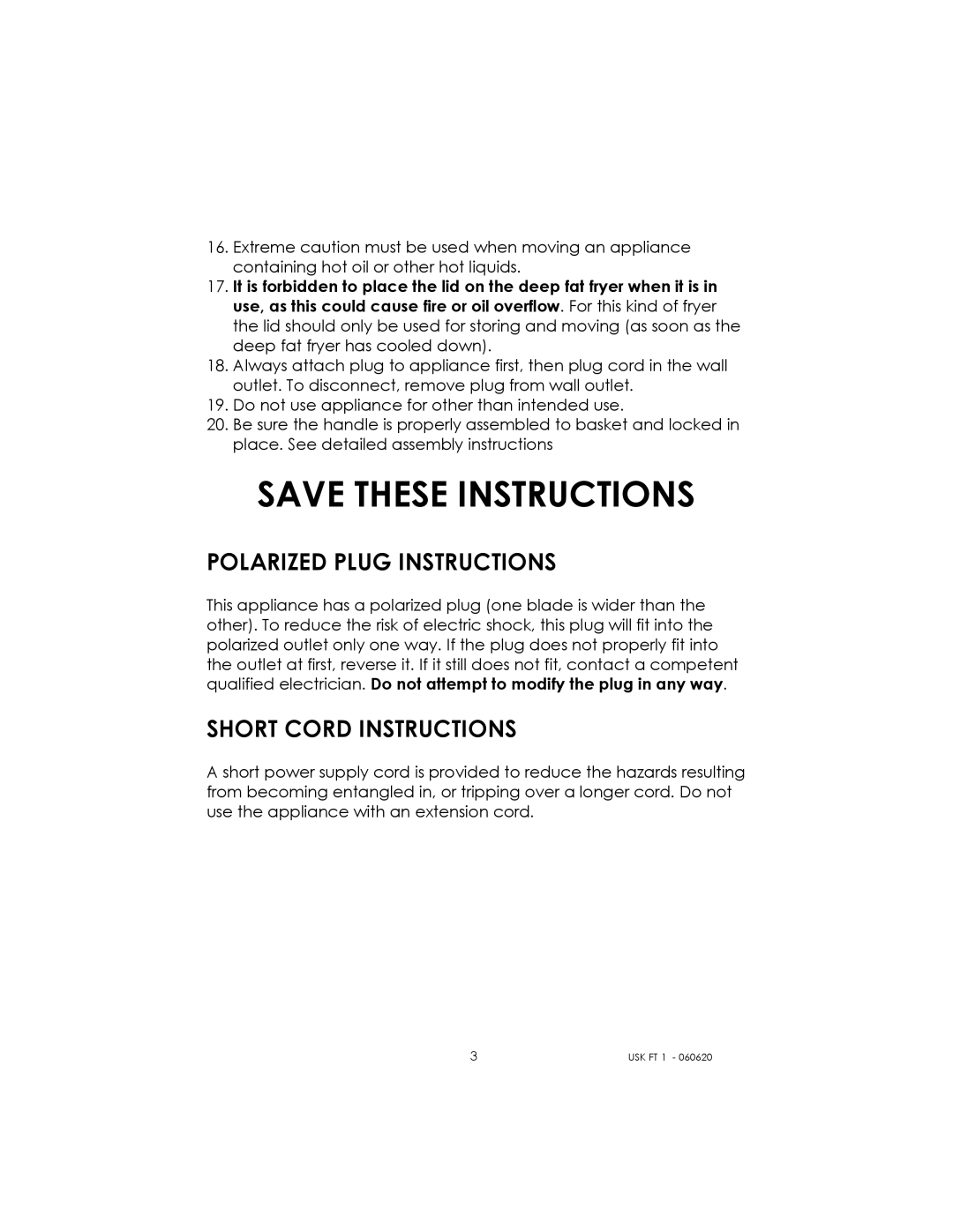 Kalorik USK FT 1 manual Polarized Plug Instructions, Short Cord Instructions 