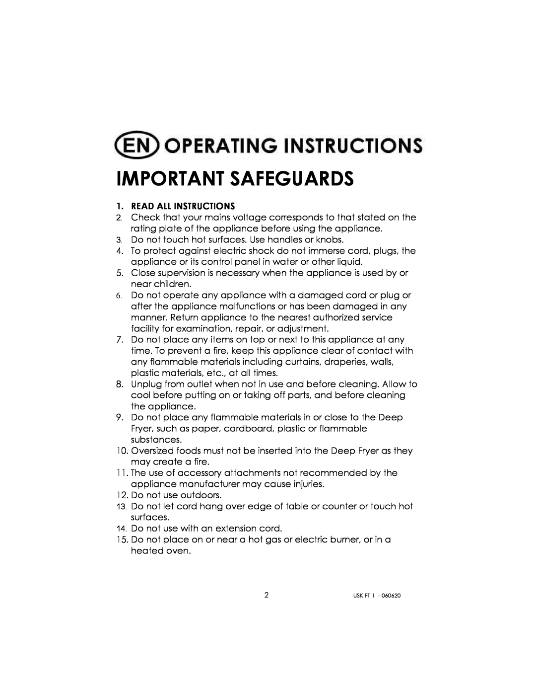 Kalorik USK FT 1 manual Important Safeguards 