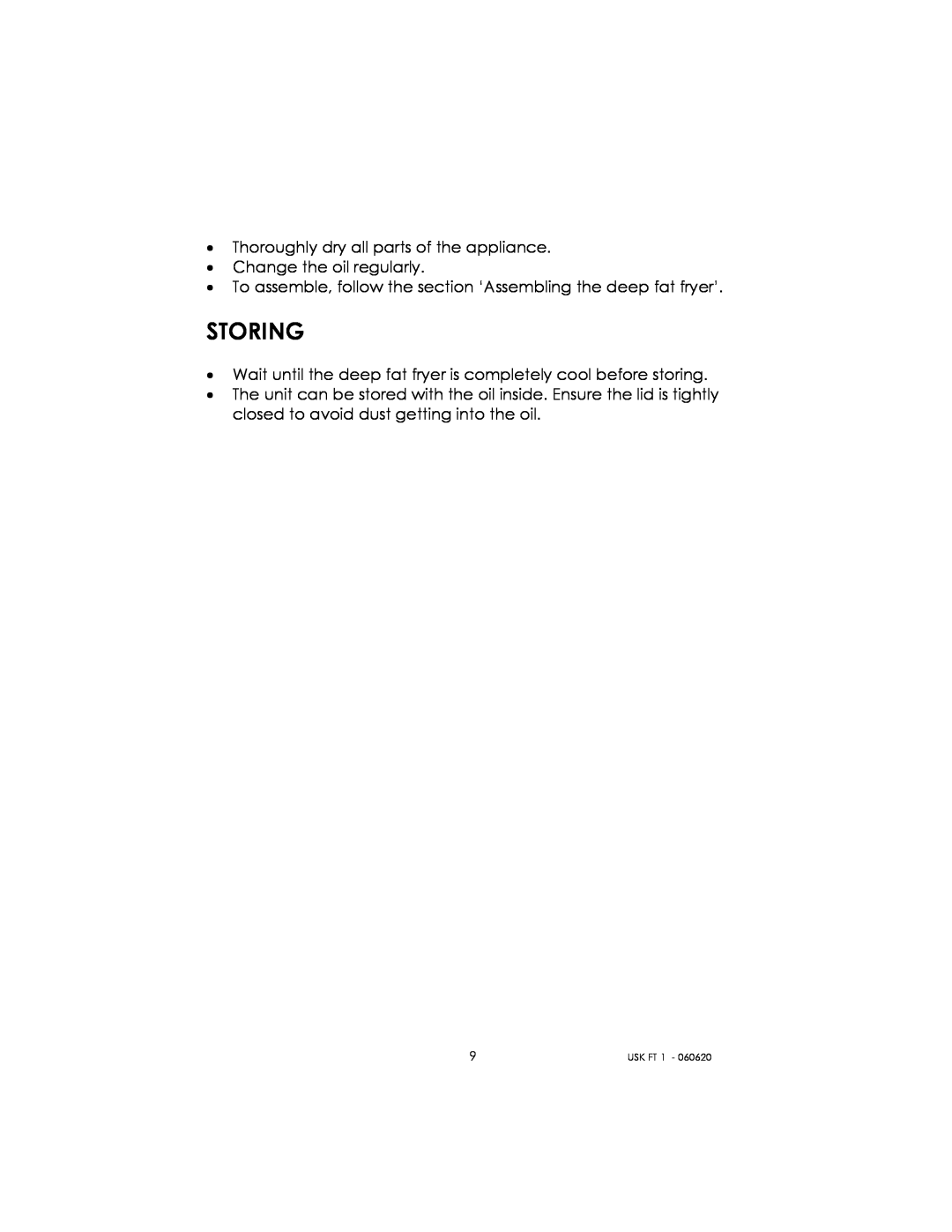 Kalorik USK FT 1 manual Storing 