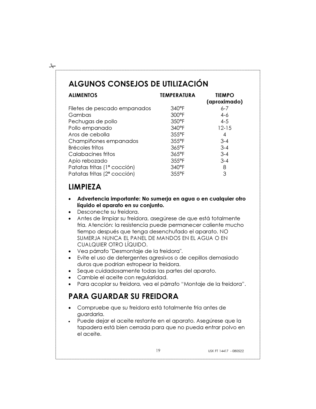 Kalorik USK FT 14417 manual Algunos Consejos DE Utilización, Limpieza, Para Guardar SU Freidora, Alimentos 