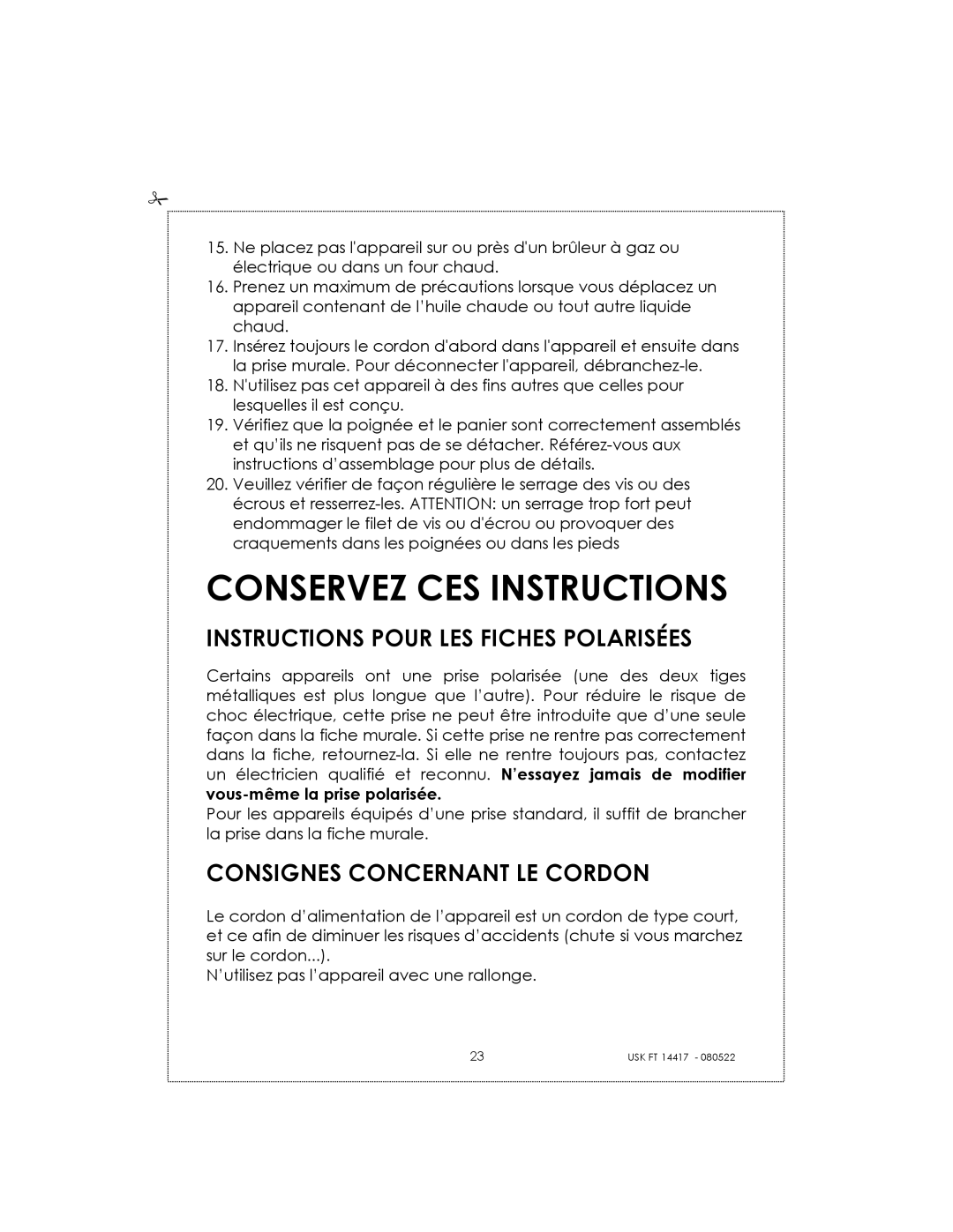 Kalorik USK FT 14417 Conservez CES Instructions, Instructions Pour LES Fiches Polarisées, Consignes Concernant LE Cordon 