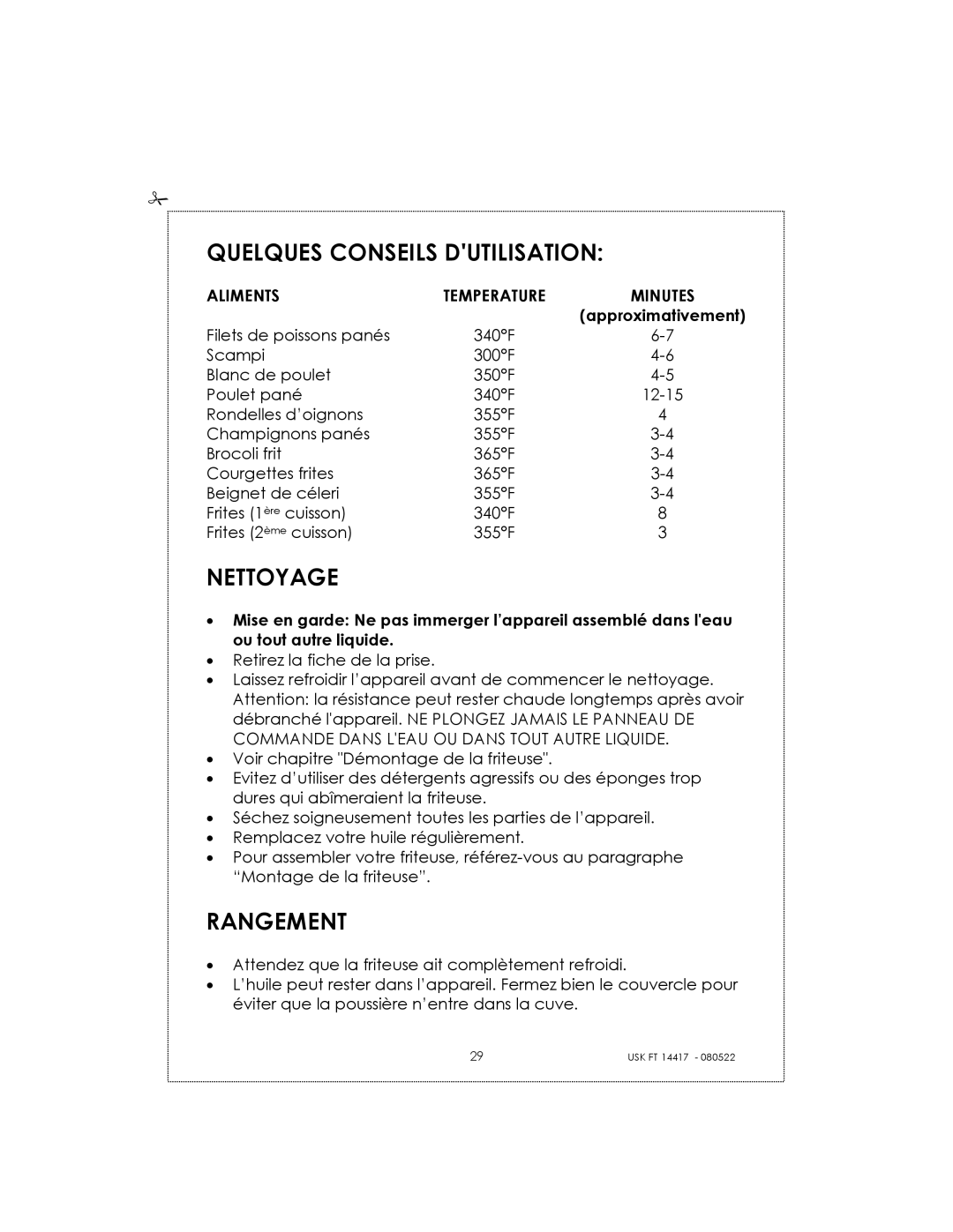 Kalorik USK FT 14417 manual Quelques Conseils Dutilisation, Nettoyage, Rangement, Aliments 