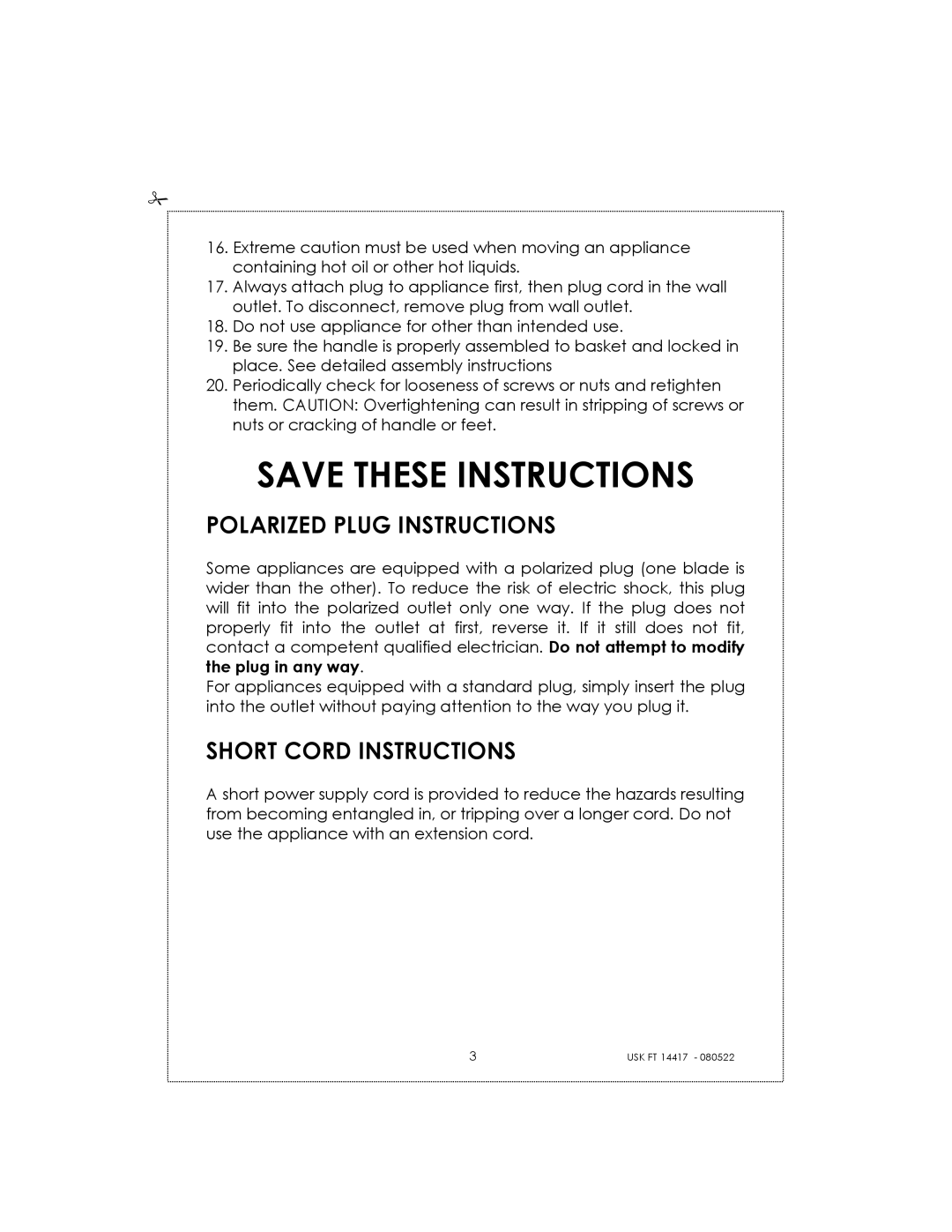 Kalorik USK FT 14417 manual Polarized Plug Instructions, Short Cord Instructions 