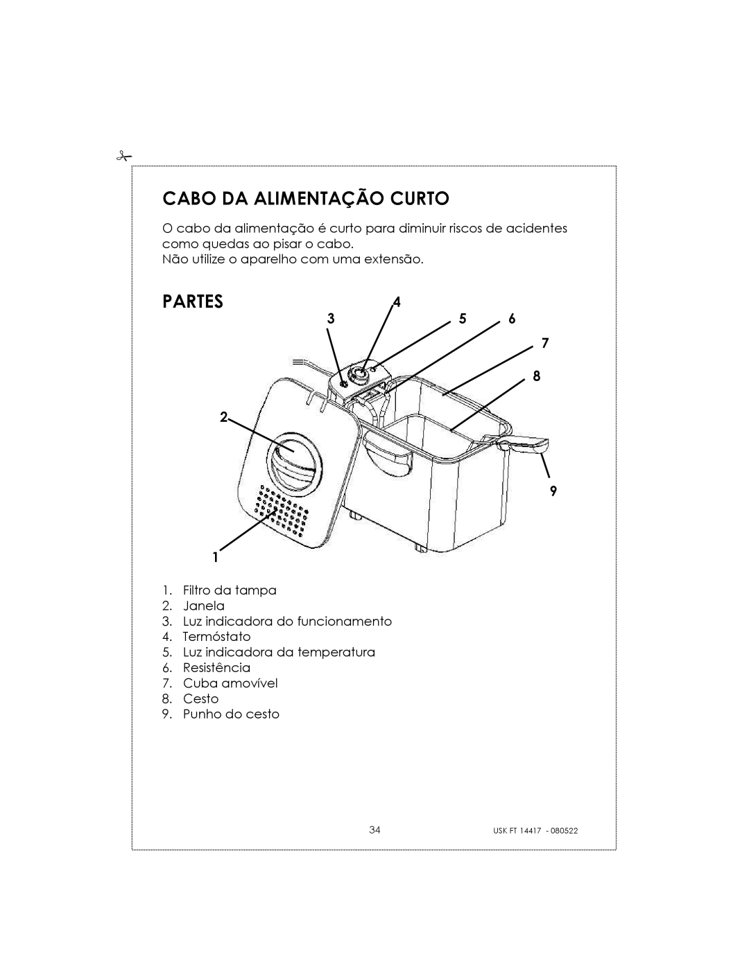 Kalorik USK FT 14417 manual Cabo DA Alimentação Curto, Partes 