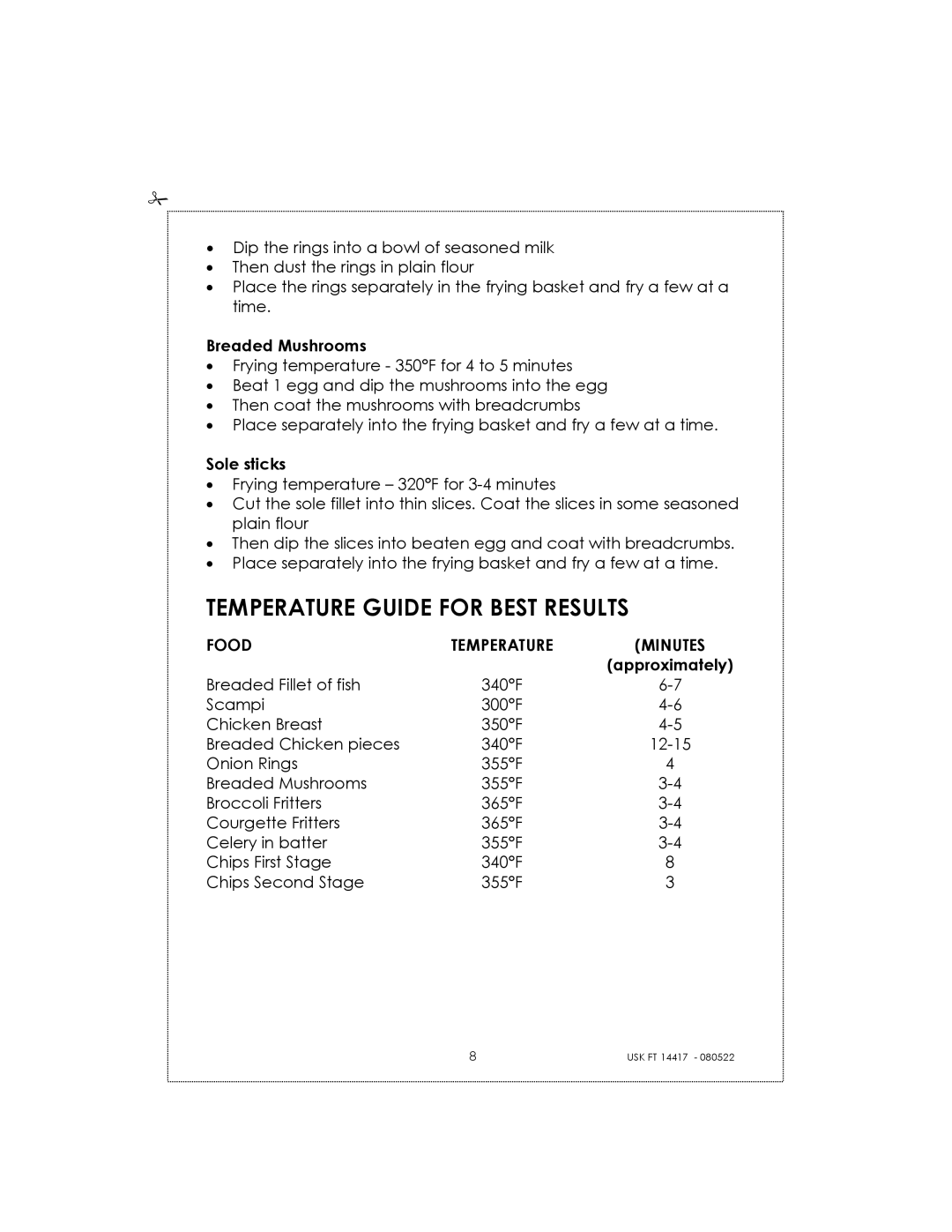 Kalorik USK FT 14417 manual Temperature Guide for Best Results, Food, Minutes 