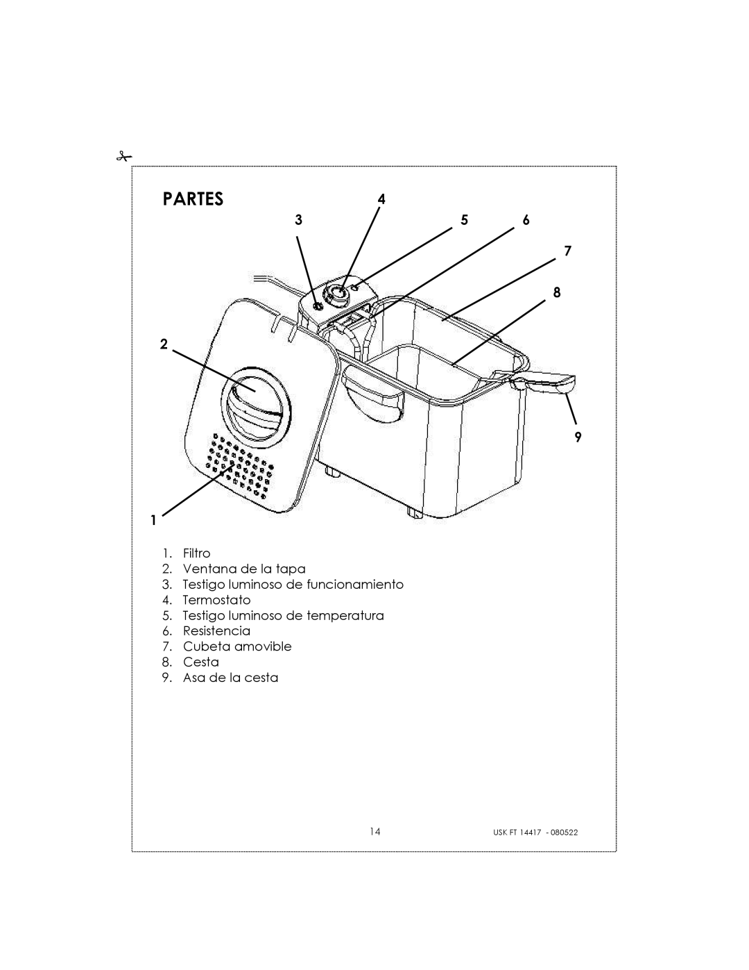 Kalorik USK FT 14417 manual Partes, 2 9 1, Filtro 2.Ventana de la tapa, Testigo luminoso de funcionamiento 4.Termostato 